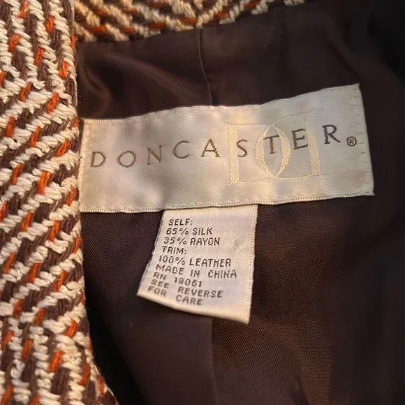 Doncaster tweed brown and orange silk blend blazer with leather trim Sz 4 - Picture 4 of 8